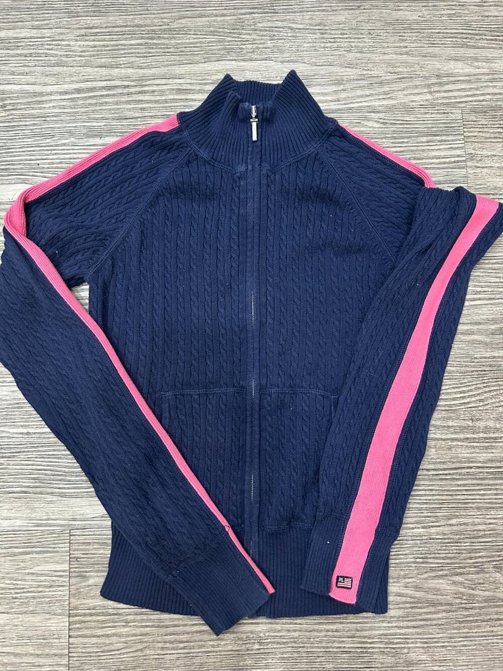 Polo Jeans Co Ralph Lauren Cable Knit Full Zip Track Sweater Womens M Blue Pink